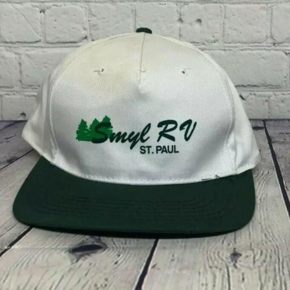 Vintage AJM Hat Cap White Green Snapback SMYL RV St. Paul Camping Resort Item #1